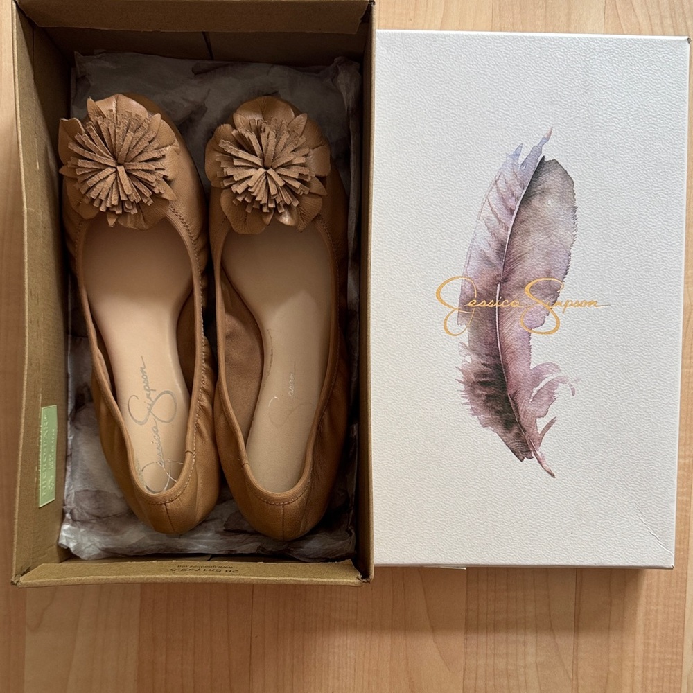 Jessica Simpson Tan Leather Tassel Pom Ballet Flats